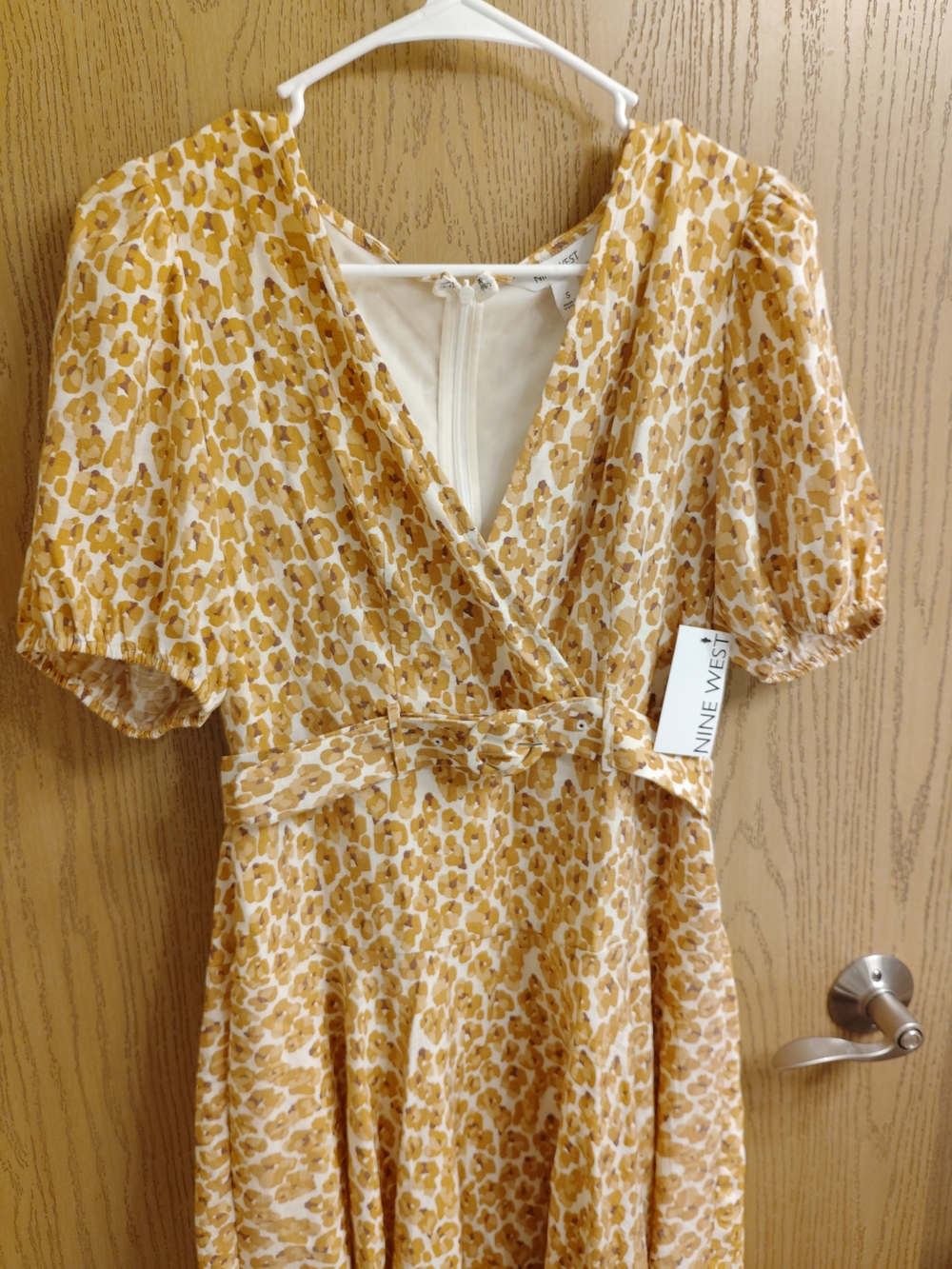 Nine West Mustard Leopard-Print Faux Wrap Midi Dress
